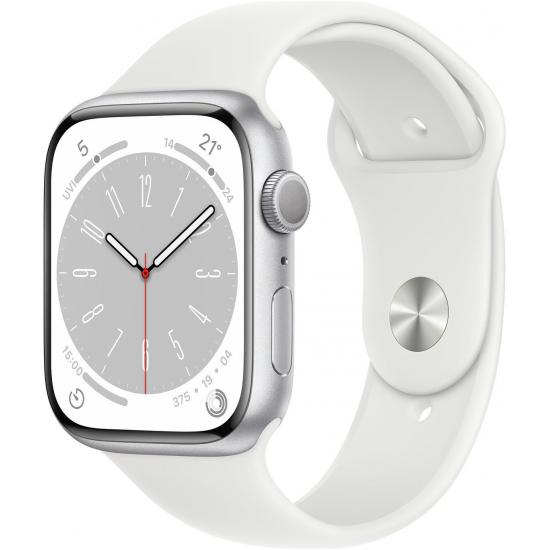 Apple Watch Series 8 45 mm (GPS) Silber Aluminiumgehäuse mit weißem Sportarmband M/L