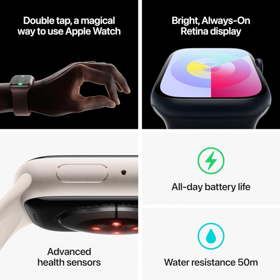 Apple Watch Series 9 (GPS, 45 mm) – Midnight-Aluminiumgehäuse mit M/L Midnight-Sportarmband